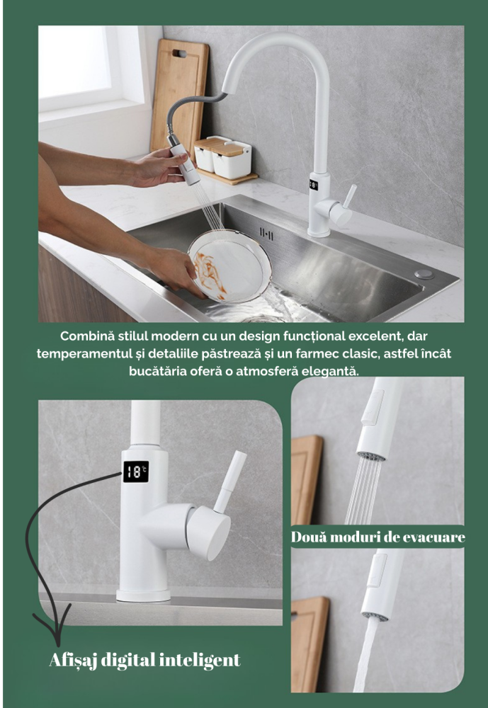 Baterie bucatarie alba, profesionala, afisaj digital LED temperatura, senzor de pornire la atingere (touch control), rotire 360°, dus extractibil si pipa pivotanta, 2 functii de curgere a apei, silent [8]