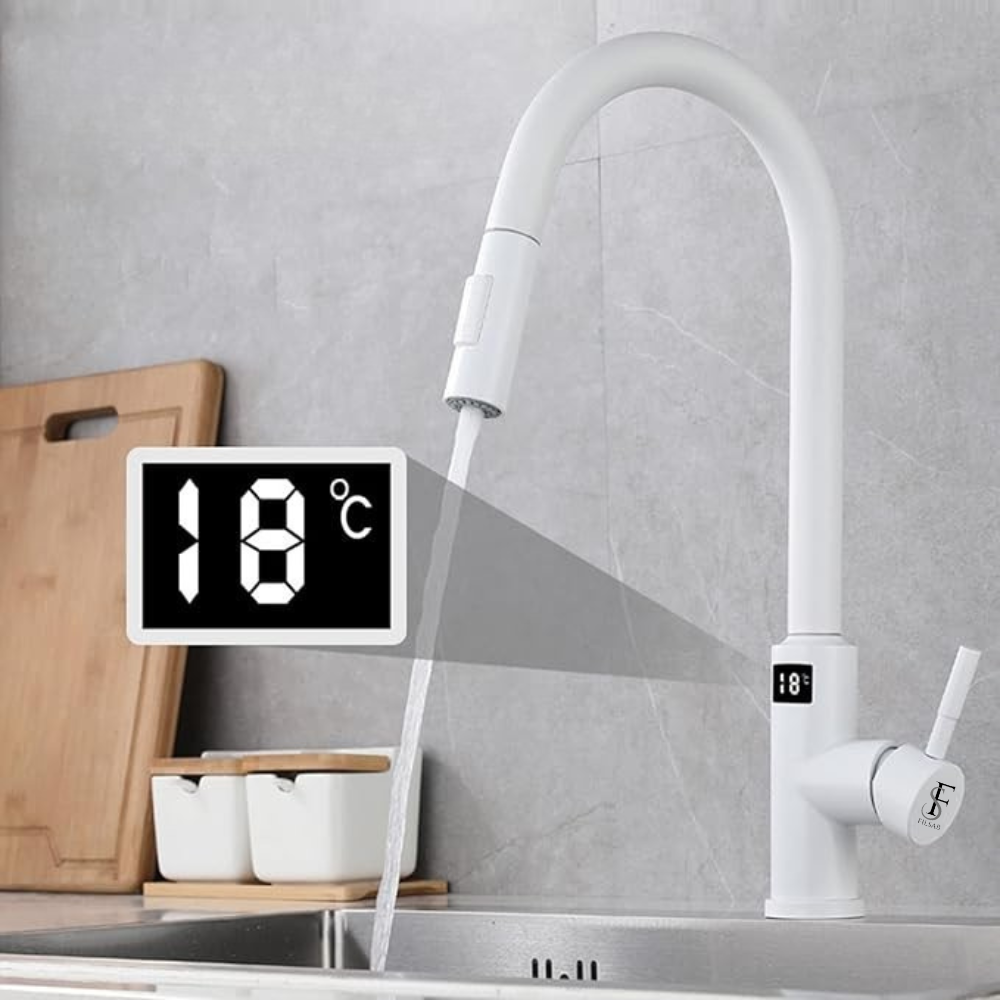 Baterie bucatarie alba, profesionala, afisaj digital LED temperatura, senzor de pornire la atingere (touch control), rotire 360°, dus extractibil si pipa pivotanta, 2 functii de curgere a apei, silent [9]