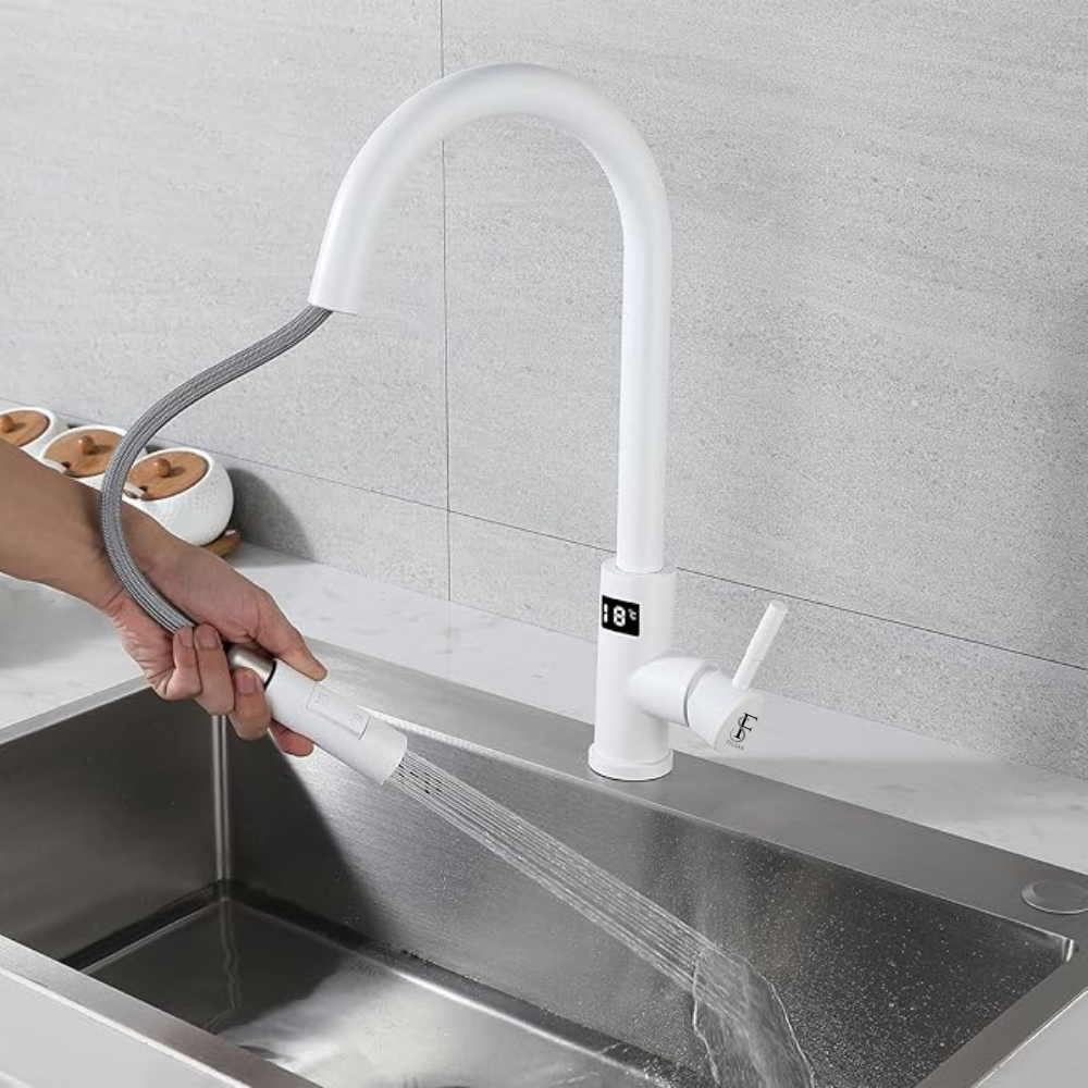 Baterie bucatarie alba, profesionala, afisaj digital LED temperatura, senzor de pornire la atingere (touch control), rotire 360°, dus extractibil si pipa pivotanta, 2 functii de curgere a apei, silent [13]