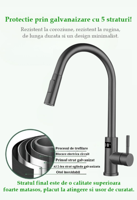 Baterie Bucatarie Antracit, Profesionala, Afisaj Digital LED Temperatura, Senzor de Pornire la Atingere (touch control), Rotire 360°, Dus Extractibil si Pipa Pivotanta, 2 Functii de Curgere a Apei, Si [8]