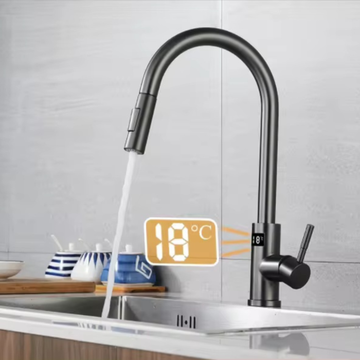 Baterie Bucatarie Antracit, Profesionala, Afisaj Digital LED Temperatura, Senzor de Pornire la Atingere (touch control), Rotire 360°, Dus Extractibil si Pipa Pivotanta, 2 Functii de Curgere a Apei, Si [2]