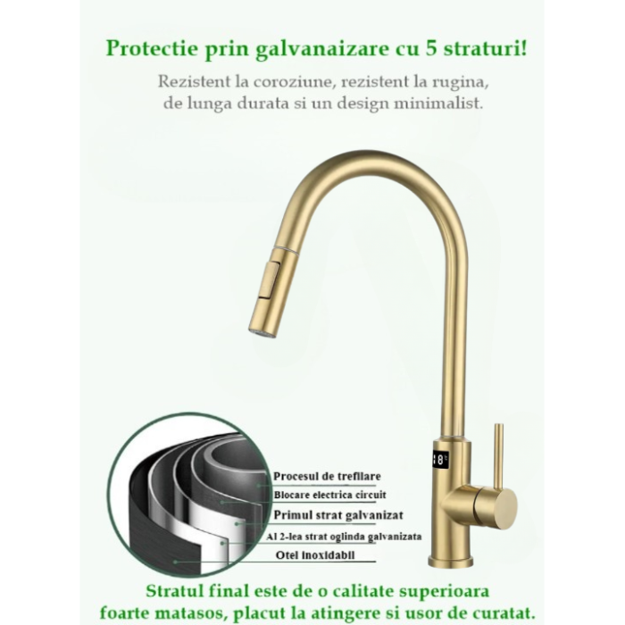 Baterie Bucatarie Aurie, Profesionala, Afisaj Digital LED Temperatura, Senzor de Pornire la Atingere (touch control), Rotire 360°, Dus Extractibil si Pipa Pivotanta, 2 Functii de Curgere a Apei, Silen [8]