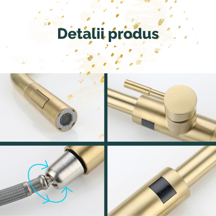 Baterie Bucatarie Aurie, Profesionala, Afisaj Digital LED Temperatura, Senzor de Pornire la Atingere (touch control), Rotire 360°, Dus Extractibil si Pipa Pivotanta, 2 Functii de Curgere a Apei, Silen [7]