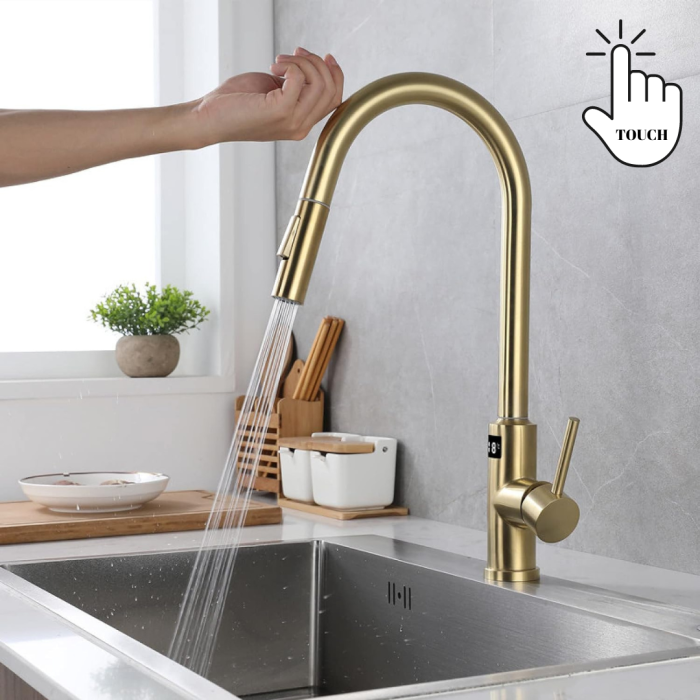 Baterie Bucatarie Aurie, Profesionala, Afisaj Digital LED Temperatura, Senzor de Pornire la Atingere (touch control), Rotire 360°, Dus Extractibil si Pipa Pivotanta, 2 Functii de Curgere a Apei, Silen [5]