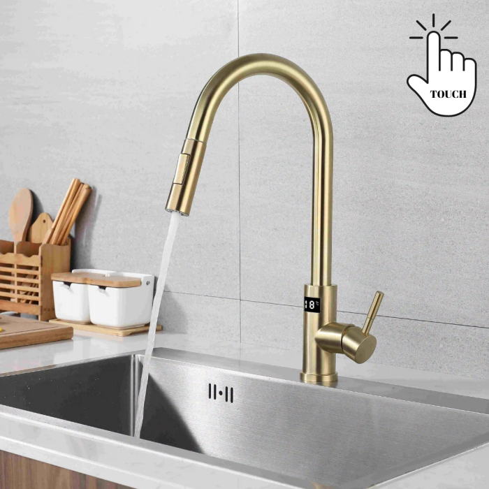 Baterie Bucatarie Aurie, Profesionala, Afisaj Digital LED Temperatura, Senzor de Pornire la Atingere (touch control), Rotire 360°, Dus Extractibil si Pipa Pivotanta, 2 Functii de Curgere a Apei, Silen [4]