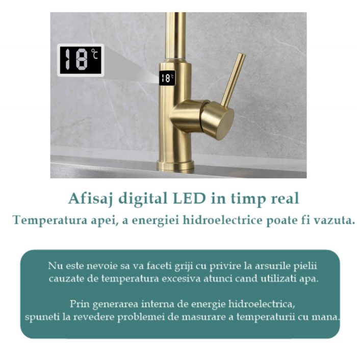 Baterie Bucatarie Aurie, Profesionala, Afisaj Digital LED Temperatura, Senzor de Pornire la Atingere (touch control), Rotire 360°, Dus Extractibil si Pipa Pivotanta, 2 Functii de Curgere a Apei, Silen [6]