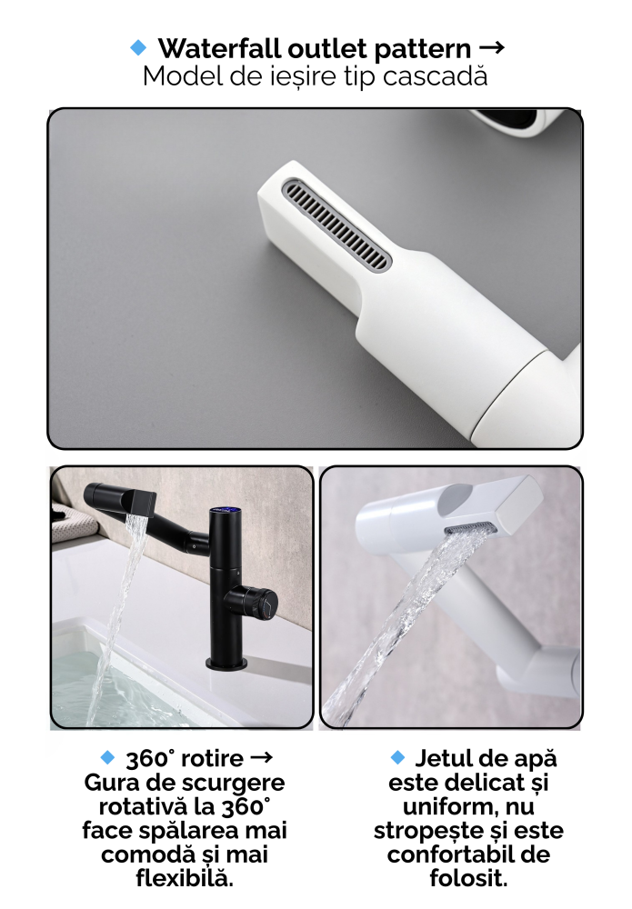 Baterie Lavoar, Chiuveta, Baie, Afisaj Digital LED Temperatura, Jet de apa tip Cascada, Rotire 360°, Montare pe Chiuveta, Monocomanda, Silentios, Smart, Modern, Ultima Generatie, Rezistent la rugina s [2]