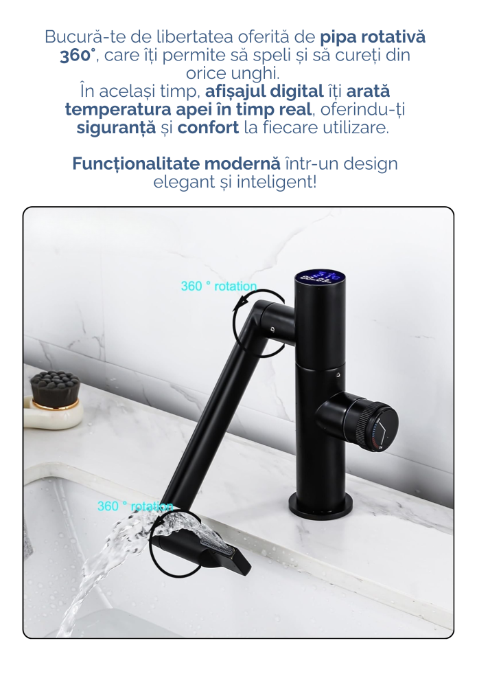 Baterie Lavoar, Chiuveta, Baie, Afisaj Digital LED Temperatura, Jet de apa tip Cascada, Rotire 360°, Montare pe Chiuveta, Monocomanda, Silentios, Smart, Modern, Ultima Generatie, Rezistent la rugina s [6]