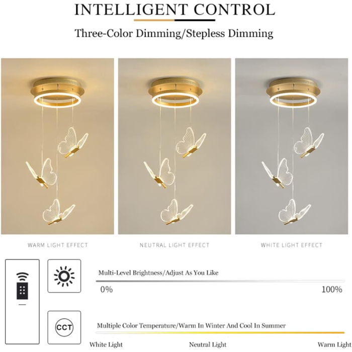 Candelabru/Lustra LED, Suspendata, Pendul, 4 Surse de Lumina, Design in forma de Fluture, Dimabil, 3 Tipuri de Lumina, Calda, Neutra si Rece, Ambientala, Potrivit pentru Dormitor, Bucatarie, Hol, Livi [8]