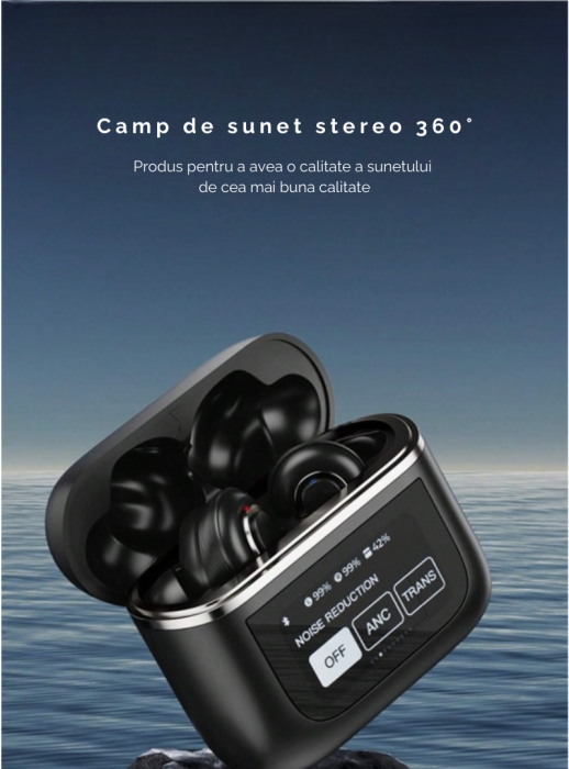 Casti Wireless, Smart Case cu Touch Screen, Noise Cancelling 360°, Microfon HD, Casca Control Tactil, Compatibil cu orice aparat Bluetooth 5.3, Negru, FilSAB [6]