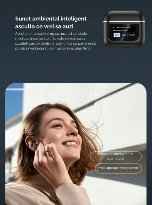 Casti Wireless, Smart Case cu Touch Screen, Noise Cancelling 360°, Microfon HD, Casca Control Tactil, Compatibil cu orice aparat Bluetooth 5.3, Negru, FilSAB [5]