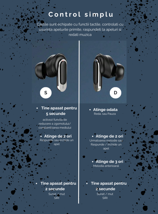 Casti Wireless, Smart Case cu Touch Screen, Noise Cancelling 360°, Microfon HD, Casca Control Tactil, Compatibil cu orice aparat Bluetooth 5.3, Negru, FilSAB [11]