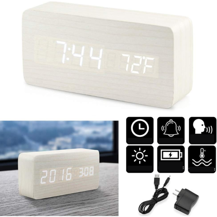 Ceas digital multifunctional, FILSAB, Alarma, Afisaj LED, Incarcare telefon cu wireless, Afisaj temperatura, mod zi/noapte, Comanda vocala, 3 nivele de lumina, Alb [6]