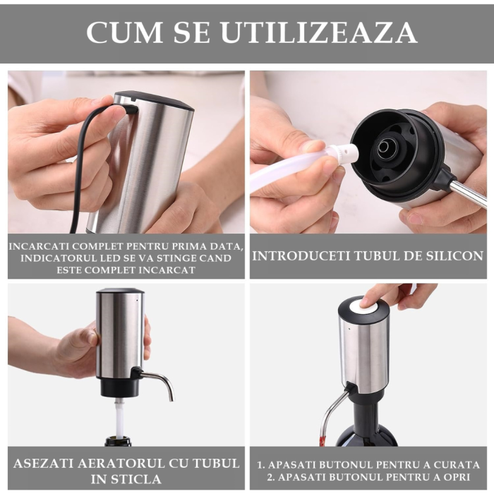 Decantor cu Aerator de Vin, Electric Reincarcabil USB, Inox, Buton Pornire-Oprire, FilSAB [3]