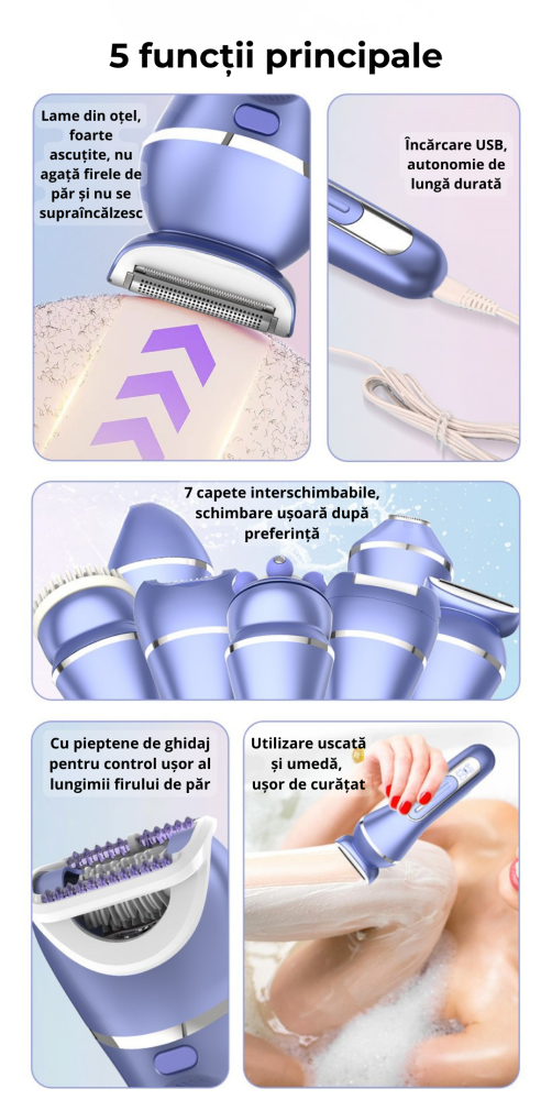 Epilator electric 7 in 1 pentru femei, aparat de ras electric dama, rasier electric feminin, trimmer intim bikini femei, epilator zona intima, axile si picioare, aparat epilat electric, rezistent la a [5]
