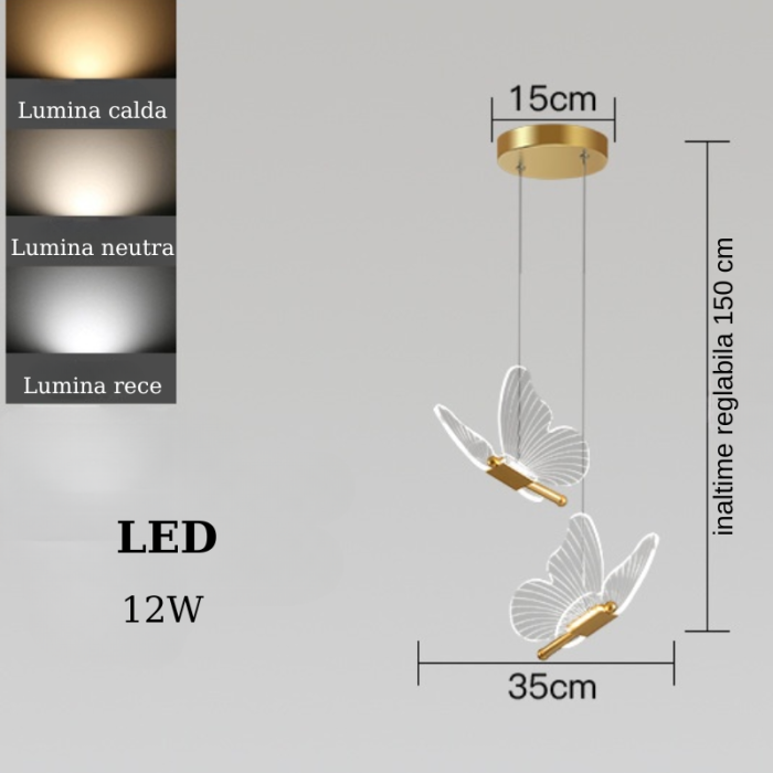 Lustra LED, Suspendata, Pendul, 2 Surse de Lumina, Design in forma de Fluture, Dimabila, 3 Tipuri de Lumina, Calda, Neutra si Rece, Potrivit pentru Dormitor, Bucatarie, Hol, Living, Camera Copii, Rest [2]