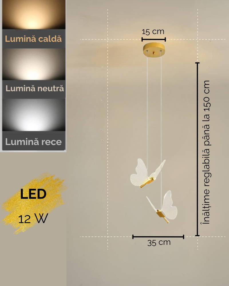 Lustra LED, Suspendata, Pendul, 2 Surse de Lumina, Design in forma de Fluture, Dimabila, 3 Tipuri de Lumina, Calda, Neutra si Rece, Potrivit pentru Dormitor, Bucatarie, Hol, Living, Camera Copii, Rest [6]