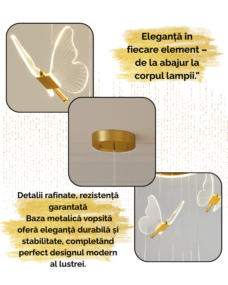 Lustra LED, Suspendata, Pendul, Design in forma de Fluture, Dimabila, 3 Tipuri de Lumina, Calda, Neutra si Rece, Potrivit pentru Dormitor, Bucatarie, Hol, Living, Camera Copii, Birou, Restaurant, Auri [5]