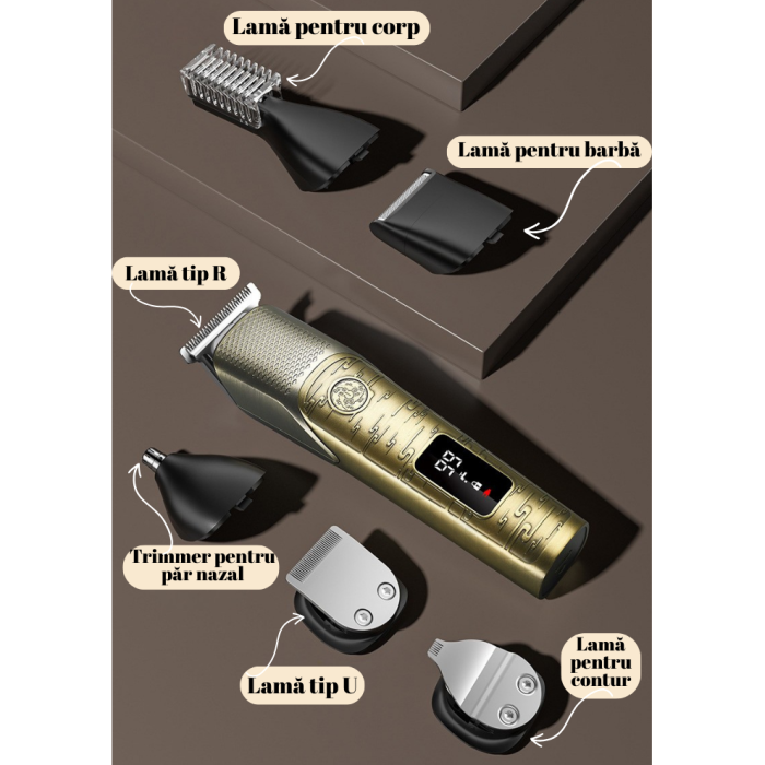 Masina de Tuns Electrica Profesionala 5 in 1, Aparat de Ras, Design Vintage, Ingrijire Barba-Mustata-Par Nazal-Corp, Baza de Incarcare, Afisaj LED, cu Stand de Incarcare Magnetic, 4 Piepteni Ghidare,  [9]