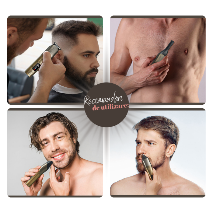 Masina de Tuns Electrica Profesionala 5 in 1, Aparat de Ras, Design Vintage, Ingrijire Barba-Mustata-Par Nazal-Corp, Baza de Incarcare, Afisaj LED, cu Stand de Incarcare Magnetic, 4 Piepteni Ghidare,  [11]