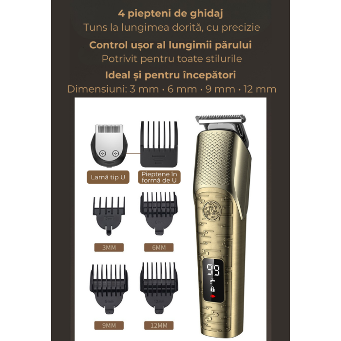 Masina de Tuns Electrica Profesionala 5 in 1, Aparat de Ras, Design Vintage, Ingrijire Barba-Mustata-Par Nazal-Corp, Baza de Incarcare, Afisaj LED, cu Stand de Incarcare Magnetic, 4 Piepteni Ghidare,  [8]