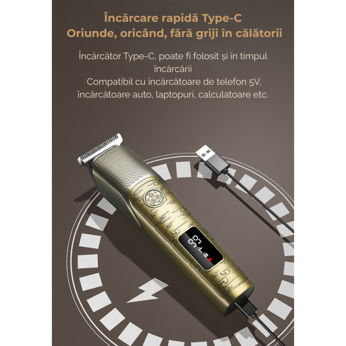 Masina de Tuns Electrica Profesionala 5 in 1, Aparat de Ras, Design Vintage, Ingrijire Barba-Mustata-Par Nazal-Corp, Baza de Incarcare, Afisaj LED, cu Stand de Incarcare Magnetic, 4 Piepteni Ghidare,  [6]