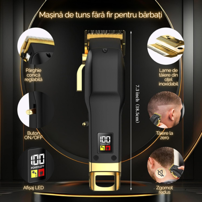 Masina de Tuns Profesionala fara Fir pentru Barbati, 7200 RPM Motor Puternic, Aparat Tuns Par si Barba cu Lame din Otel Inoxidabil, 6 Piepteni Ajustabili, Afisaj Display LED, Autonomie mare 180 Minute [2]