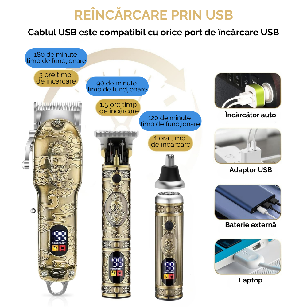 Masina de tuns si aparat de ras, 3 in 1, profesionala, trimmer cu lama T pentru par/barba/par corporal/nas, cu acumulator, afisaj LED, Set, rezistent la apa, retro barber, auriu/bronz, FilSAB [8]