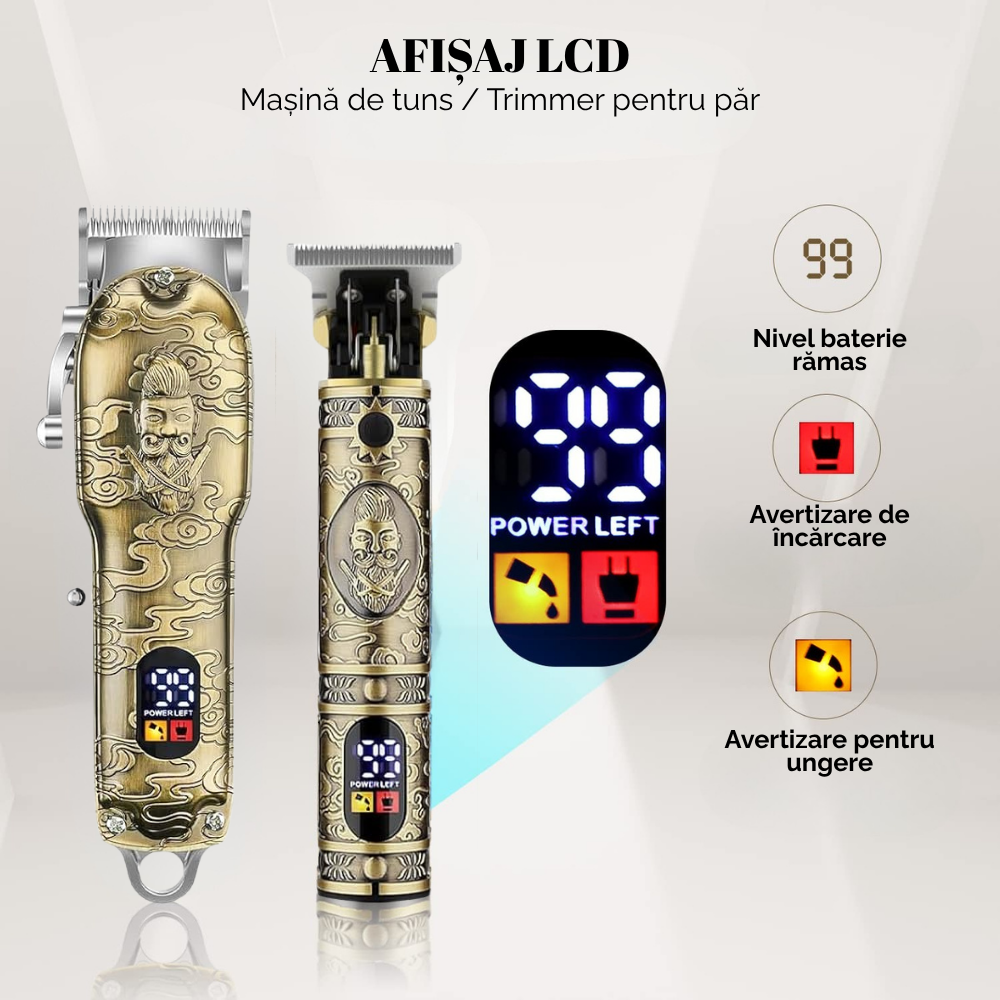 Masina de tuns si aparat de ras, 3 in 1, profesionala, trimmer cu lama T pentru par/barba/par corporal/nas, cu acumulator, afisaj LED, Set, rezistent la apa, retro barber, auriu/bronz, FilSAB [13]