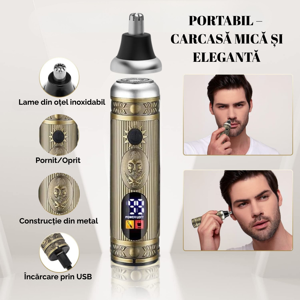 Masina de tuns si aparat de ras, 3 in 1, profesionala, trimmer cu lama T pentru par/barba/par corporal/nas, cu acumulator, afisaj LED, Set, rezistent la apa, retro barber, auriu/bronz, FilSAB [5]