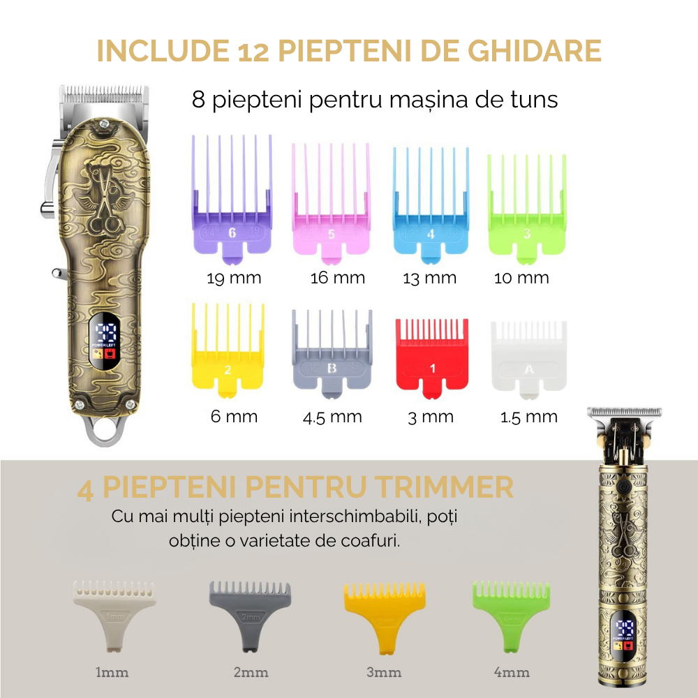Masina de tuns si aparat de ras, 3 in 1, profesionala, trimmer cu lama T pentru par/barba/par corporal/nas, cu acumulator, afisaj LED, set, rezistent la apa, retro, auriu, FilSAB [7]