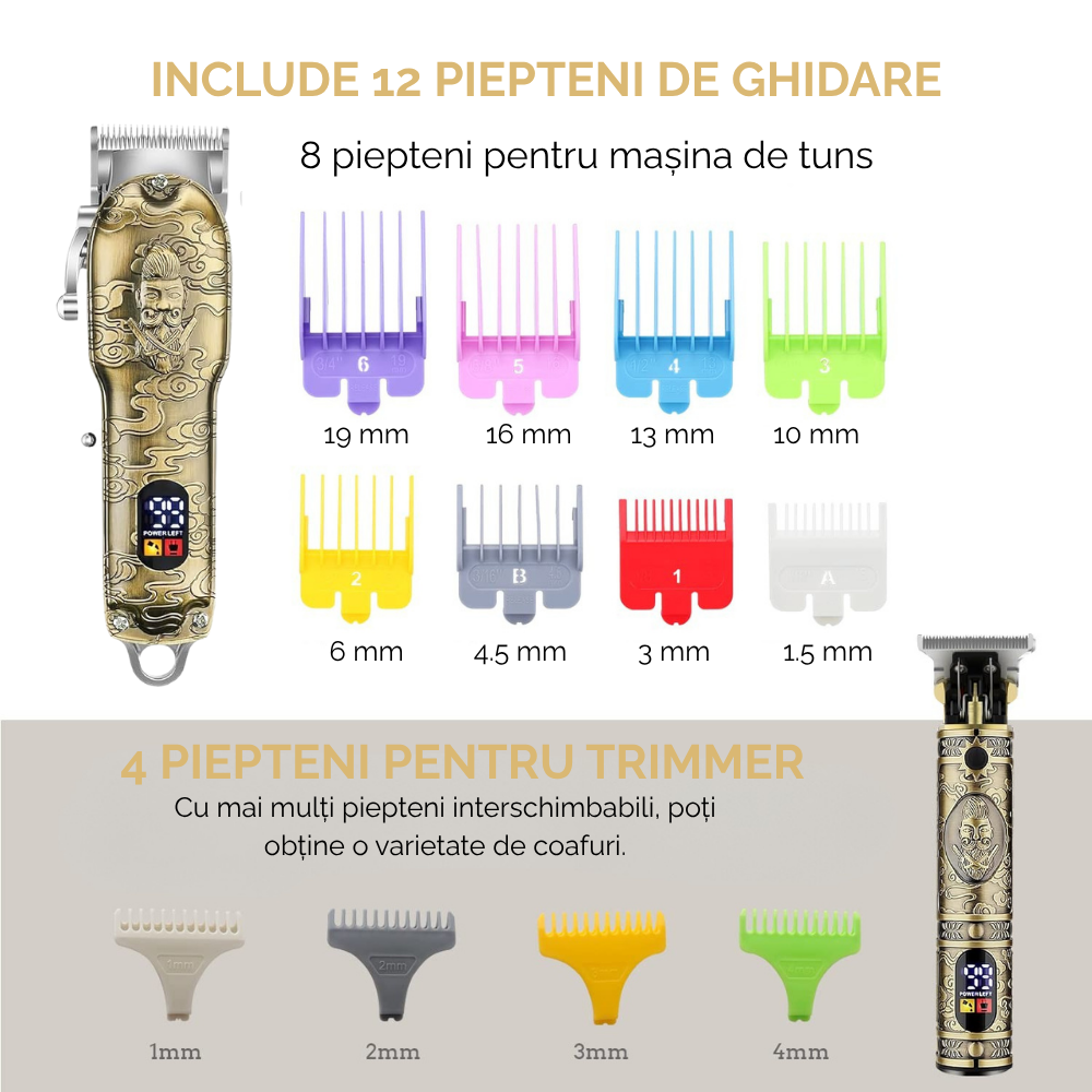 Masina de tuns si aparat de ras, 3 in 1, profesionala, trimmer cu lama T pentru par/barba/par corporal/nas, cu acumulator, afisaj LED, Set, rezistent la apa, retro barber, auriu/bronz, FilSAB [12]