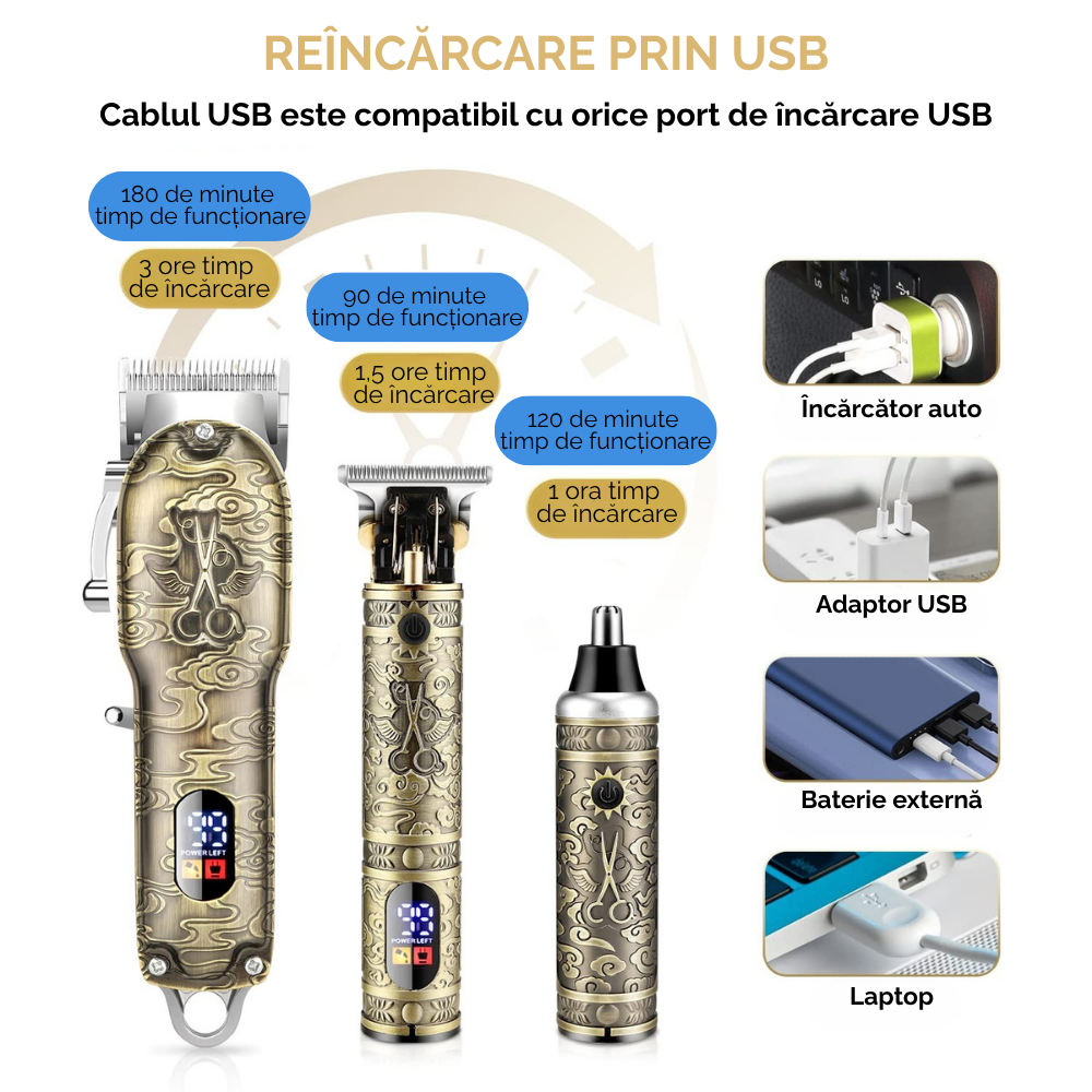 Masina de tuns si aparat de ras, 3 in 1, profesionala, trimmer cu lama T pentru par/barba/par corporal/nas, cu acumulator, afisaj LED, set, rezistent la apa, retro, auriu, FilSAB [6]