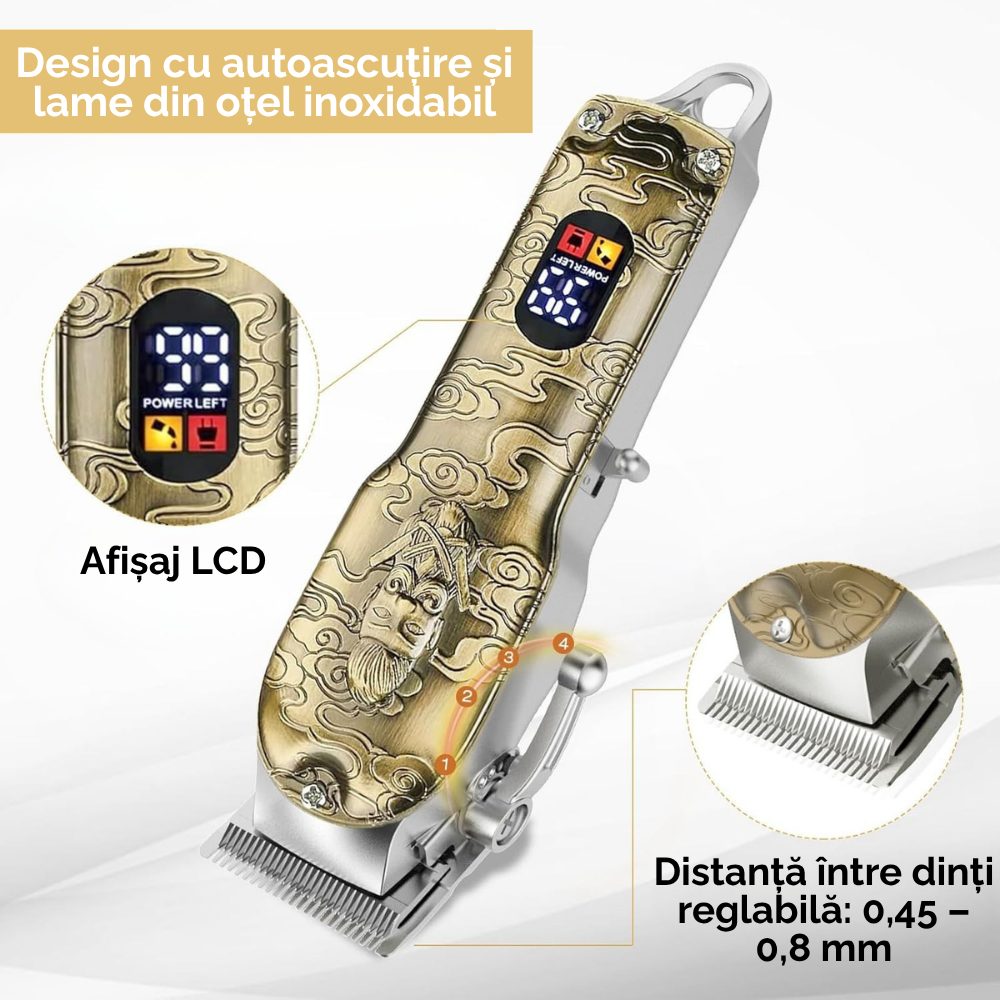 Masina de tuns si aparat de ras, 3 in 1, profesionala, trimmer cu lama T pentru par/barba/par corporal/nas, cu acumulator, afisaj LED, Set, rezistent la apa, retro barber, auriu/bronz, FilSAB [7]