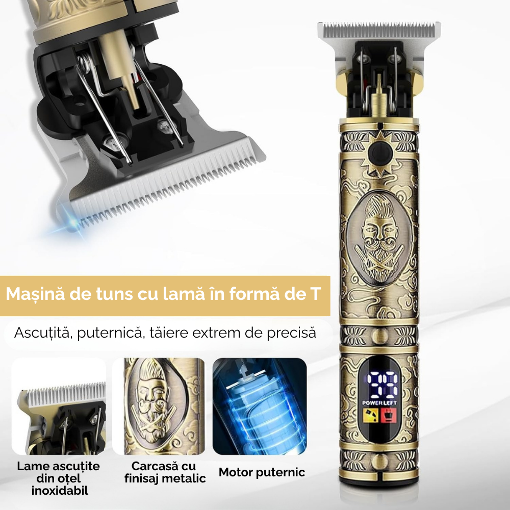 Masina de tuns si aparat de ras, 3 in 1, profesionala, trimmer cu lama T pentru par/barba/par corporal/nas, cu acumulator, afisaj LED, Set, rezistent la apa, retro barber, auriu/bronz, FilSAB [2]