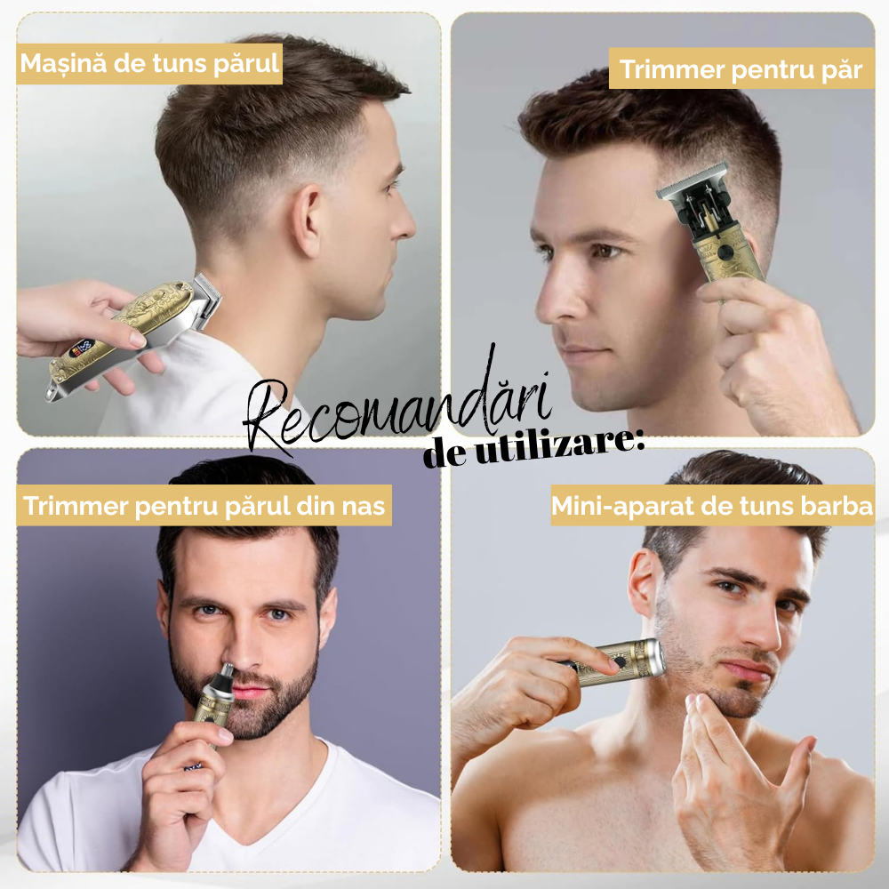 Masina de tuns si aparat de ras, 3 in 1, profesionala, trimmer cu lama T pentru par/barba/par corporal/nas, cu acumulator, afisaj LED, Set, rezistent la apa, retro barber, auriu/bronz, FilSAB [11]