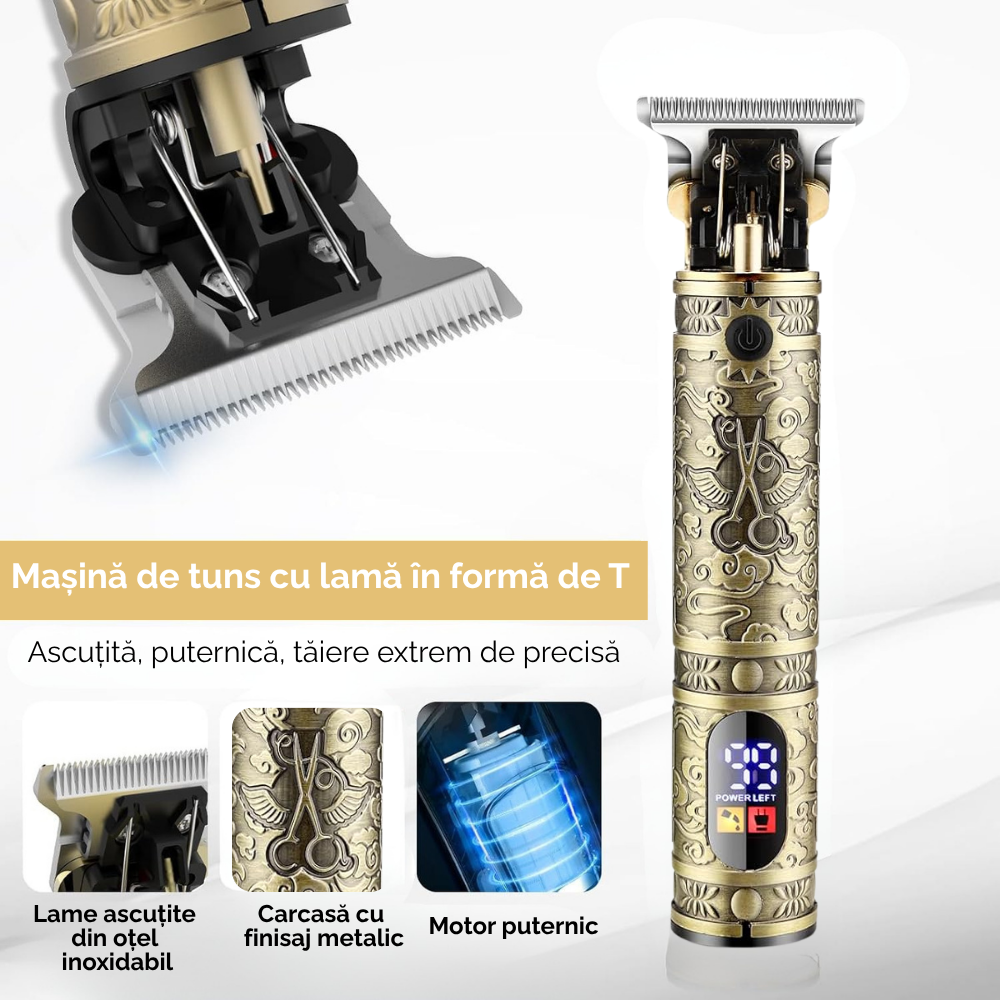 Masina de tuns si aparat de ras, 3 in 1, profesionala, trimmer cu lama T pentru par/barba/par corporal/nas, cu acumulator, afisaj LED, set, rezistent la apa, retro, auriu, FilSAB [3]