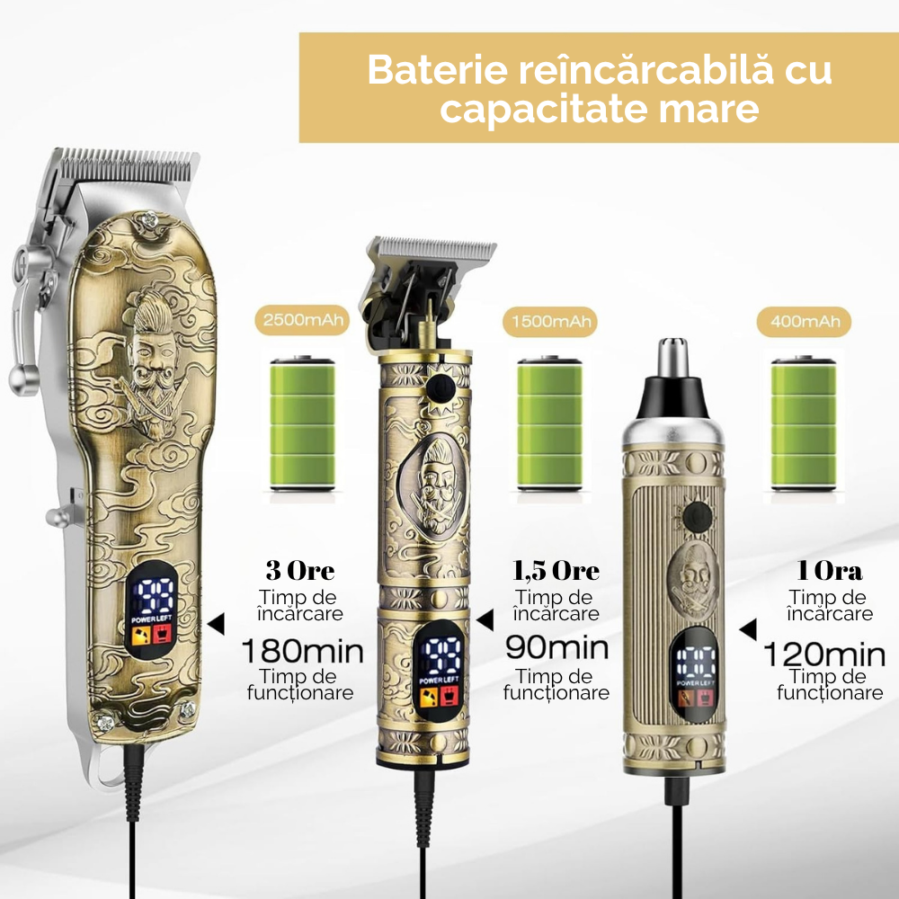 Masina de tuns si aparat de ras, 3 in 1, profesionala, trimmer cu lama T pentru par/barba/par corporal/nas, cu acumulator, afisaj LED, Set, rezistent la apa, retro barber, auriu/bronz, FilSAB [6]