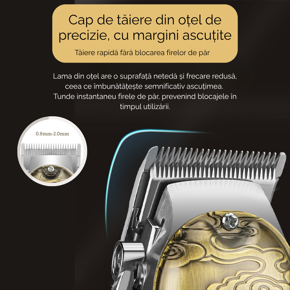 Masina de tuns si aparat de ras, 3 in 1, profesionala, trimmer cu lama T pentru par/barba/par corporal/nas, cu acumulator, afisaj LED, set, rezistent la apa, retro, auriu, FilSAB [8]