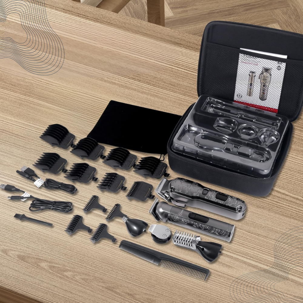 Masina de tuns si aparat de ras, profesionala, trimmer cu lama T pentru par/barba/par corporal/nas, acumulator, afisaj LED, set, rezistent la apa, retro, negru, FilSAB [7]