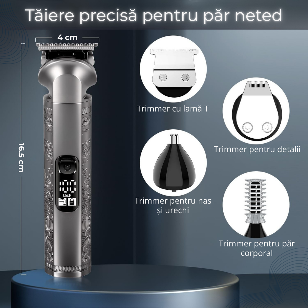 Masina de tuns si aparat de ras, profesionala, trimmer cu lama T pentru par/barba/par corporal/nas, acumulator, afisaj LED, set, rezistent la apa, retro, negru, FilSAB [5]