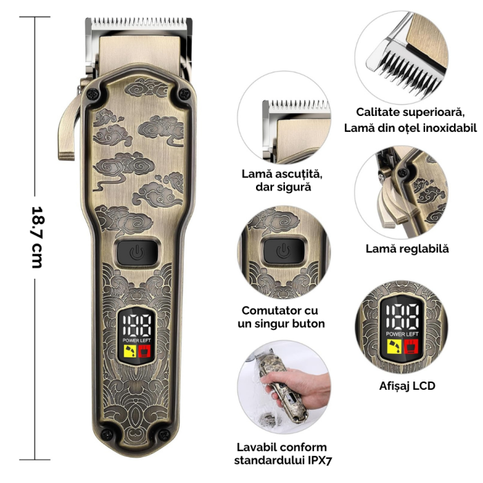 Masina de tuns si aparat de ras, profesionala, trimmer cu lama T pentru par/barba/par corporal/nas, cu acumulator, afisaj LED, set, rezistent la apa, retro, auriu [6]