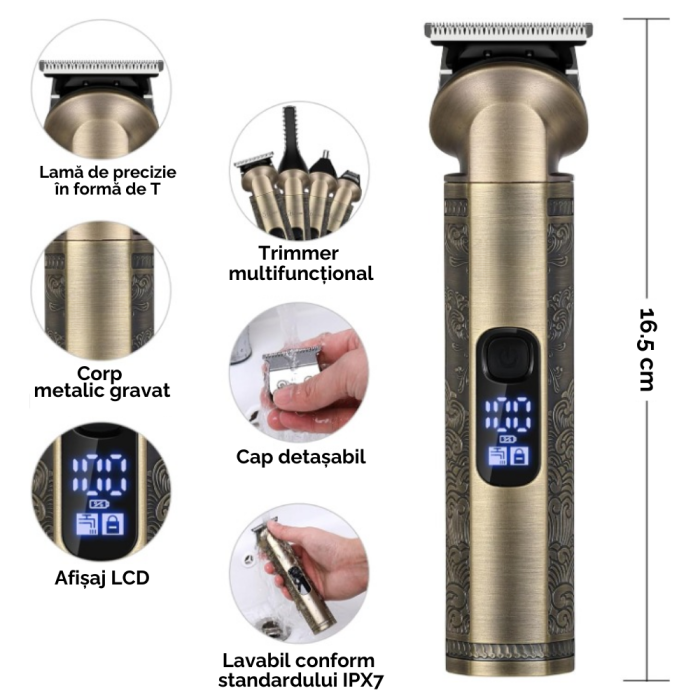Masina de tuns si aparat de ras, profesionala, trimmer cu lama T pentru par/barba/par corporal/nas, cu acumulator, afisaj LED, set, rezistent la apa, retro, auriu [5]