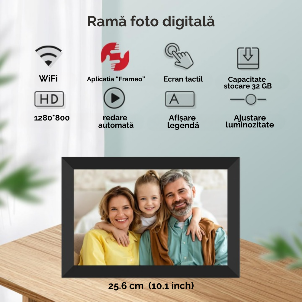 Rama foto digitala WiFi, 10.1 inch, Poze/Video, Ecran LED, aplicata Frameo, Memorie 32 GB, Ecran tactil, 1280*800 HD IPS, Slot USB, Card SD, Difuzor, Smart, Negru, FILSAB [2]