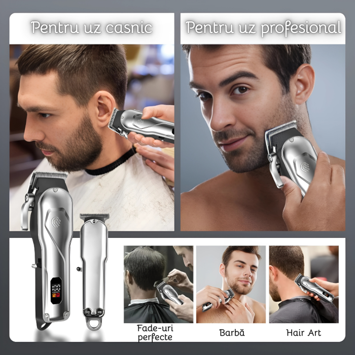 Set Masina de Tuns Profesionala si Aparat de Ras, Trimmer T-Blade cu Lama Zero Gap, Motor 6800 RPM, Fara Fir, Incarcare USB, Lama Reglabila 0.3-3.6 mm, 10 Piepteni - 6 cu Metal, Precizie pentru Par, B [6]