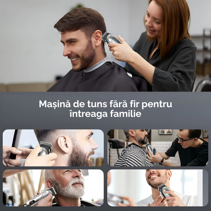 Set Masina de Tuns Profesionala si Aparat de Ras, Trimmer T-Blade cu Lama Zero Gap, Motor 6800 RPM, Fara Fir, Incarcare USB, Lama Reglabila 0.3-3.6 mm, 10 Piepteni - 6 cu Metal, Precizie pentru Par, B [7]