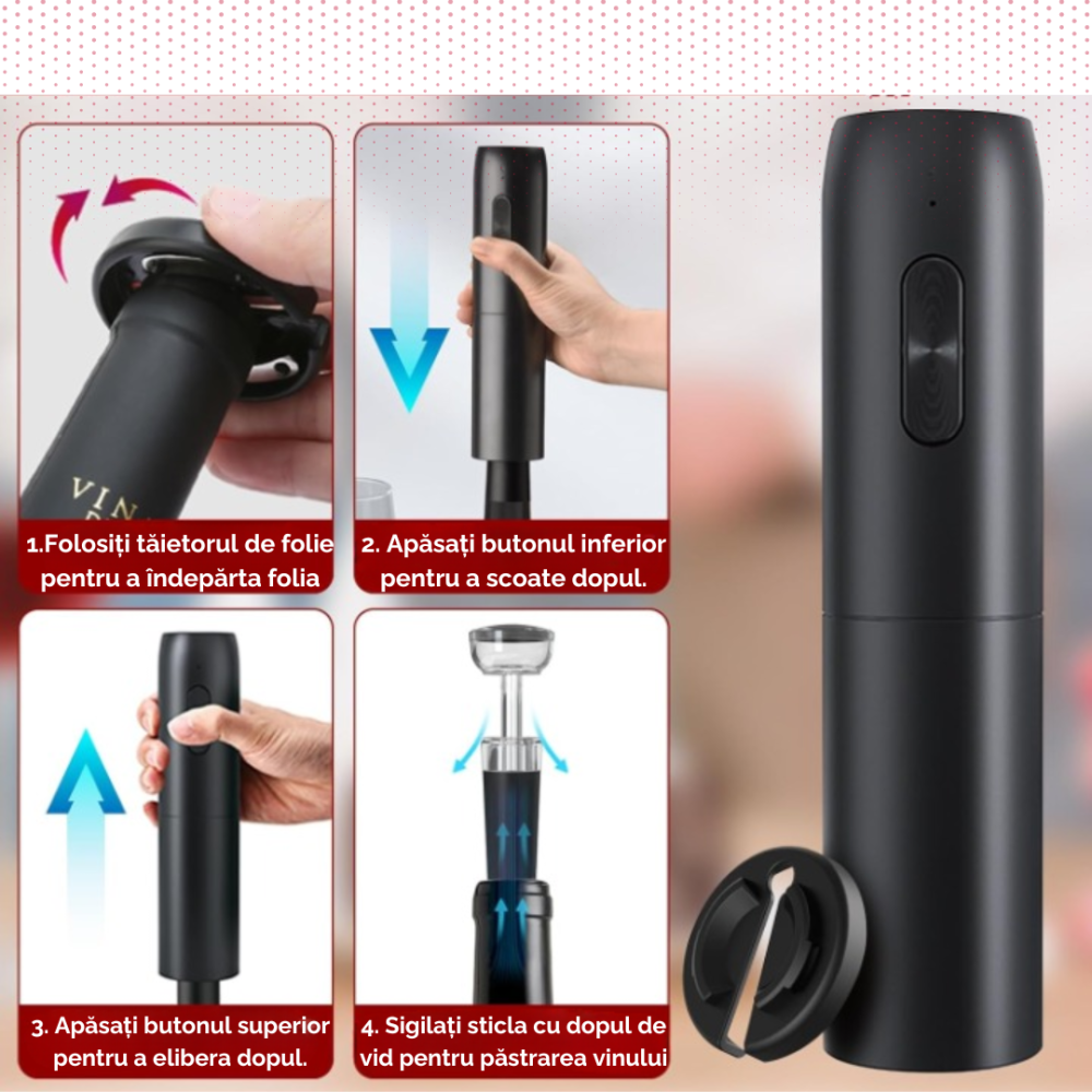 Tirbuson electric automat pentru vin, reincarcabil, Set 4 in 1, aerator si dozator de vin electric, accesoriu taiat sigiliu sticla, dop sticla vin cu pompa vid pentru a scoate aerul, functie inainte-i [2]
