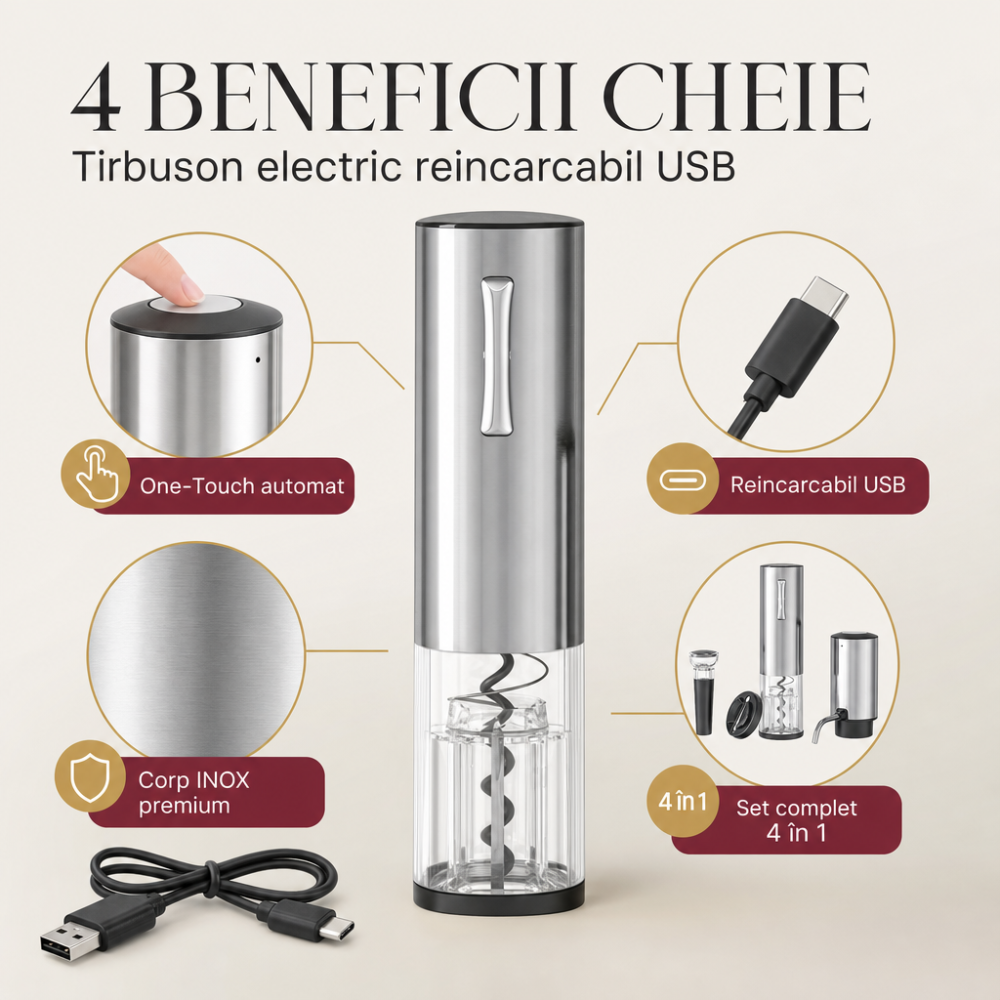 Tirbuson electric automat, reincarcabil, Set 4 in 1, aerator si dozator de vin electric, accesoriu taiat sigiliu sticla, dop sticla vin cu pompa vid pentru a scoate aerul, functie inainte-inapoi, One- [9]