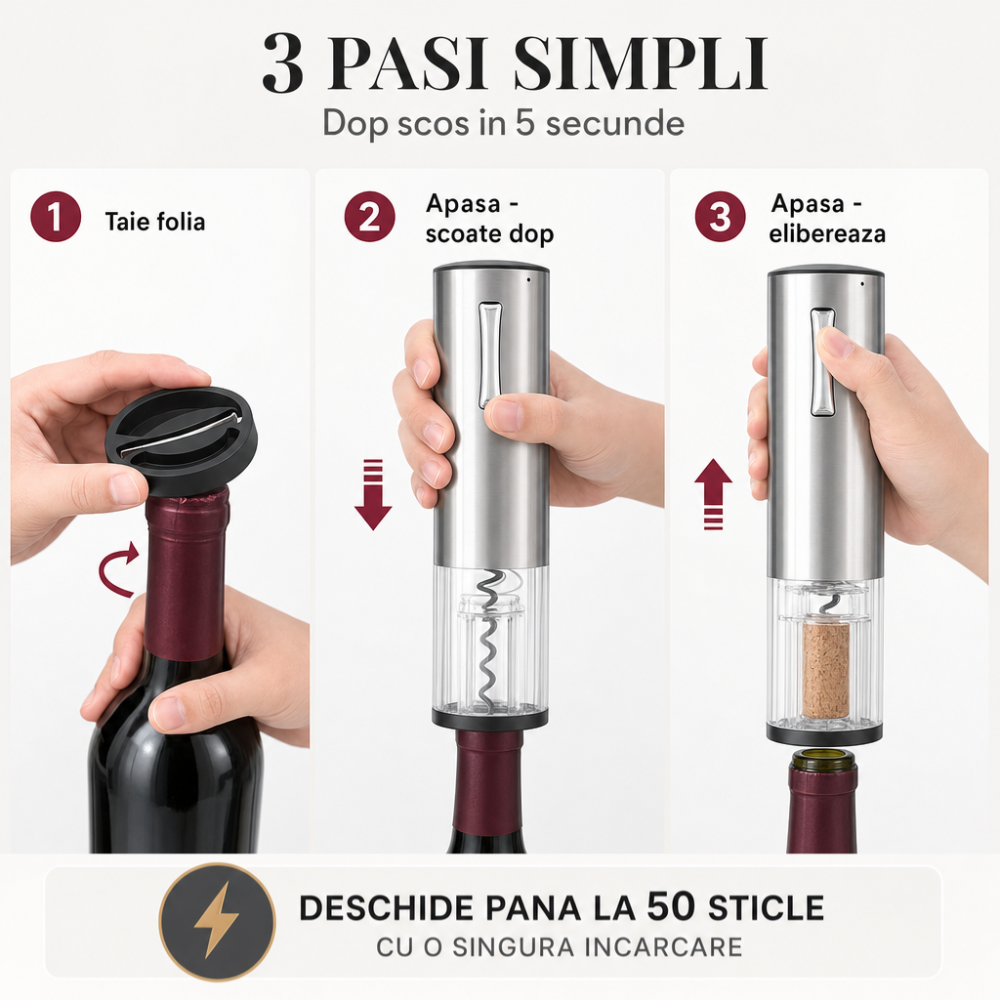 Tirbuson electric automat, reincarcabil, Set 4 in 1, aerator si dozator de vin electric, accesoriu taiat sigiliu sticla, dop sticla vin cu pompa vid pentru a scoate aerul, functie inainte-inapoi, One- [5]