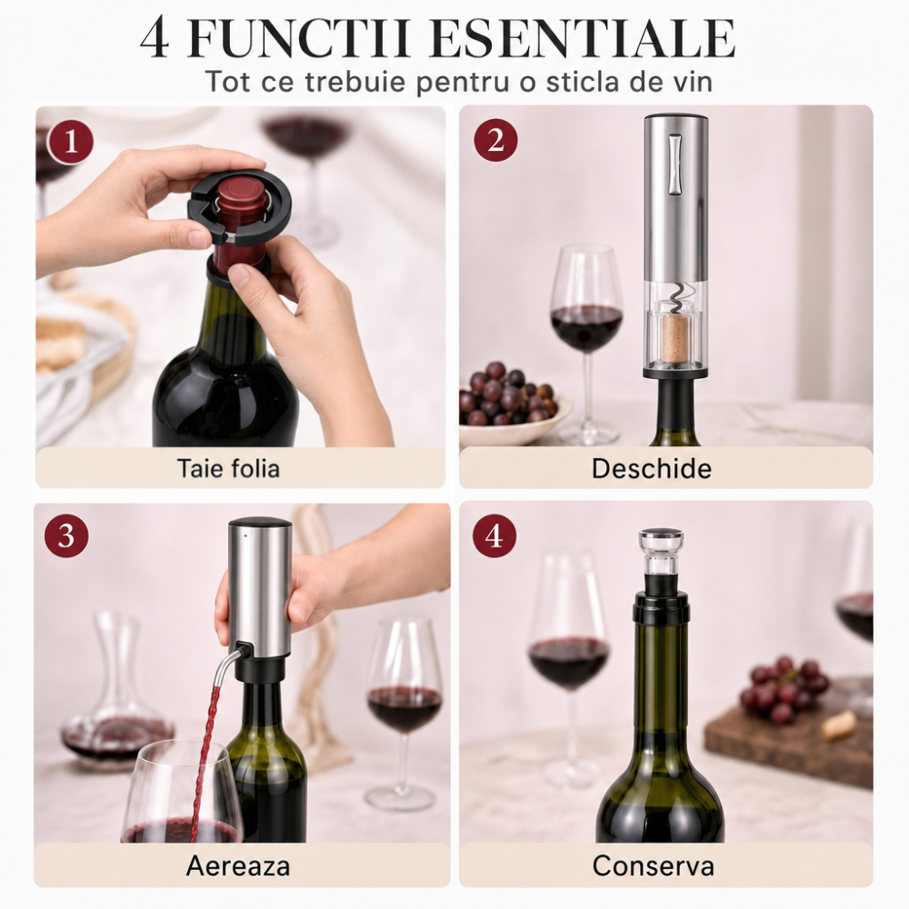Tirbuson electric automat, reincarcabil, Set 4 in 1, aerator si dozator de vin electric, accesoriu taiat sigiliu sticla, dop sticla vin cu pompa vid pentru a scoate aerul, functie inainte-inapoi, One- [3]